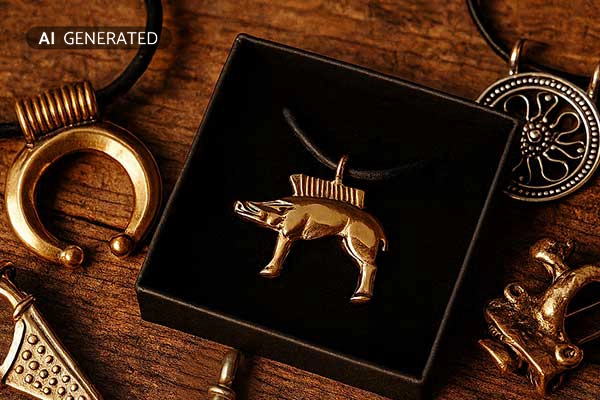 Römische Anhänger und Fibeln aus Bronze und Silber auf Holzplatte im Detail | Der Römer Shop