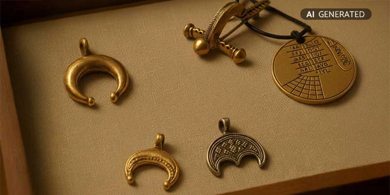 Römische Luna- und Sonnenuhr-Amulette museal präsentiert auf Leinentuch | Der Römer Shop