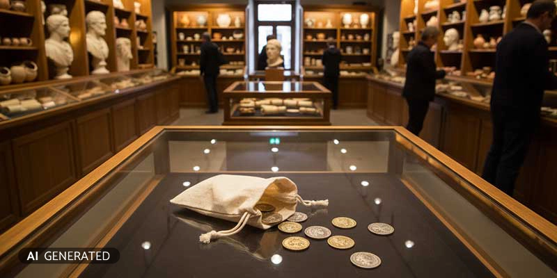 Repliken antiker Münzen in Etuis und auf Tisch im Museumsshop | Der Römer Shop