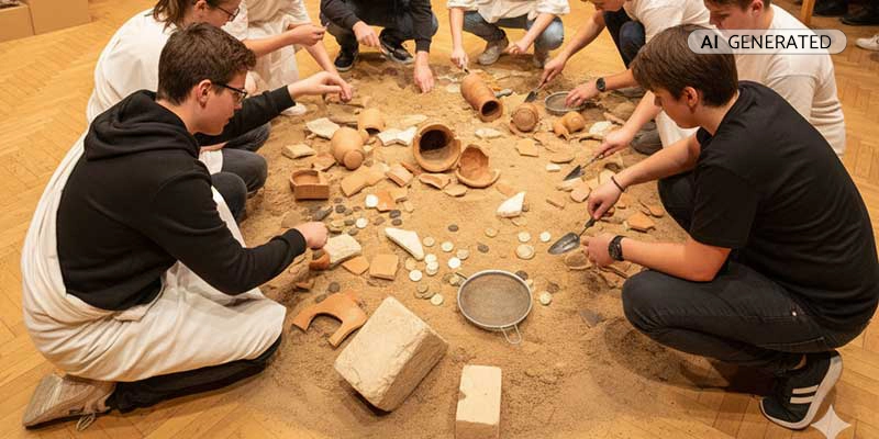 Gruppe Schüler legt Münzen und Keramikfragmente in Sand frei | Der Römer Shop