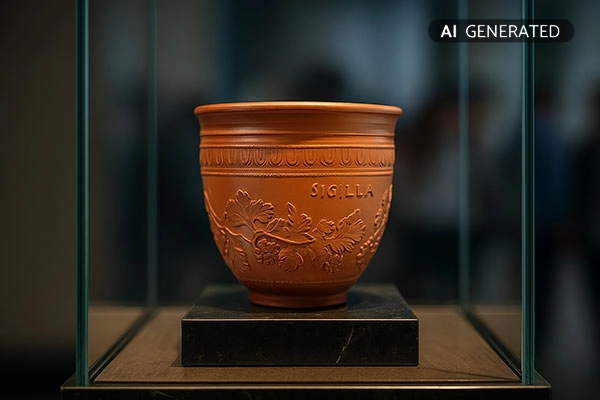 Terra Sigillata-Becher in Museumsvitrine auf Sockel, Fokus auf florales Reliefdekor | Der Römer Shop