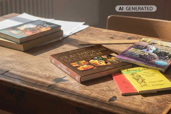 Auswahl römischer Unterrichtsbücher auf einem Schulpult | Der Römer Shop
