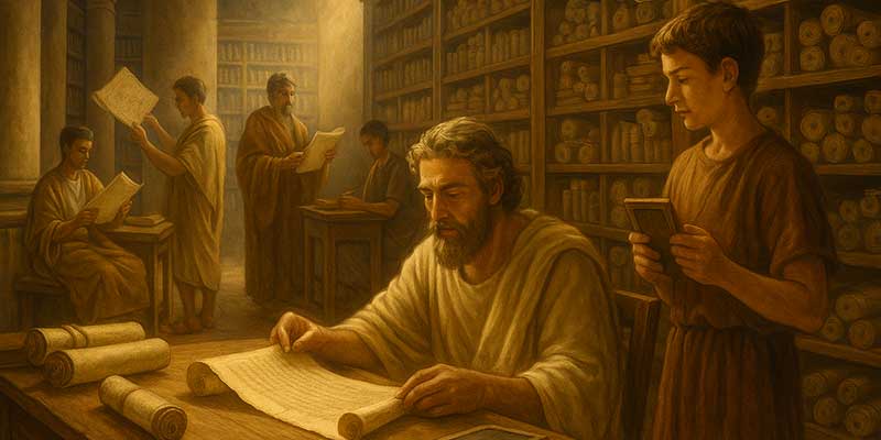 Scène historique dans une bibliothèque romaine avec des savants | Der Römer Shop