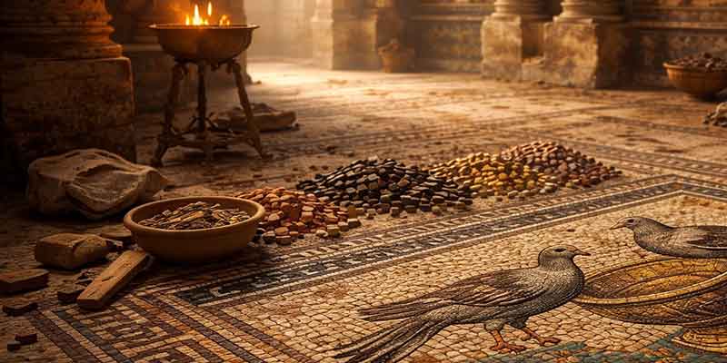 Byzantinisch inspirierte Mosaikfläche aus matten Mosaiksteinen mit ruhiger Farbwirkung