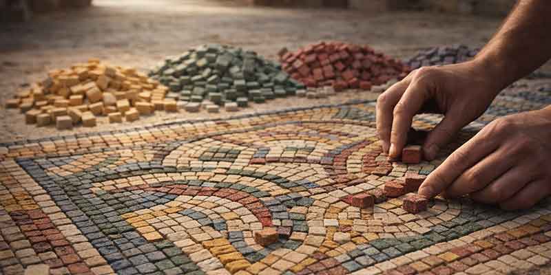 Detailansicht von Mosaiksteinen Byzantic mit matter Oberfläche und spürbarer Struktur