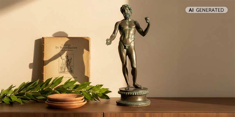 Bronzene und goldene Statuetten auf Sockeln mit antikem Charakter und sanftem Schatten | Der Römer Shop