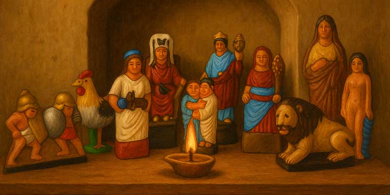 Lararium with Roman figures of the gods, oil lamp, and offerings shown in warm light | Der Römer Shop