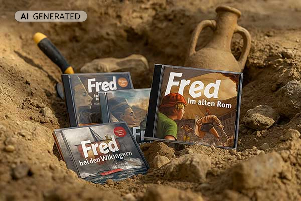 Hörspiel-CDs von Fred im Sand mit antiker Amphore – Archäologie trifft Geschichte | Der Römer Shop