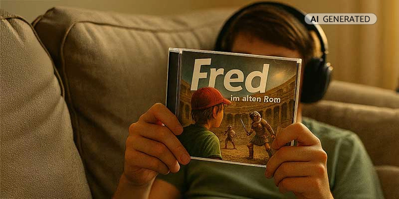 Teenager auf Sofa mit Kopfhörern liest Fred im alten Rom CD-Cover im Abendlicht | Der Römer Shop