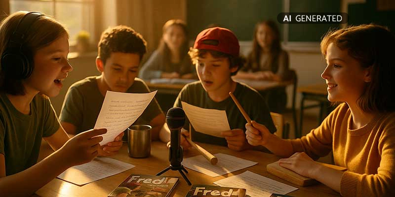 Schüler der 7. Klasse nehmen eigenes Hörspiel mit Fred-CDs und Geräuschen auf | Der Römer Shop