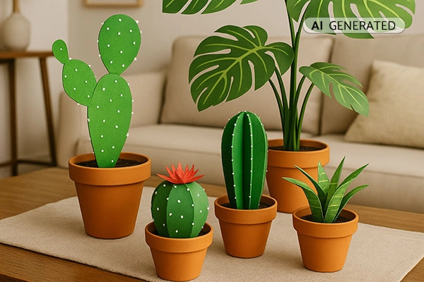 Papierkakteen und Monstera in Tontöpfen auf Holztisch – moderne Raumdekoration | Der Römer Shop