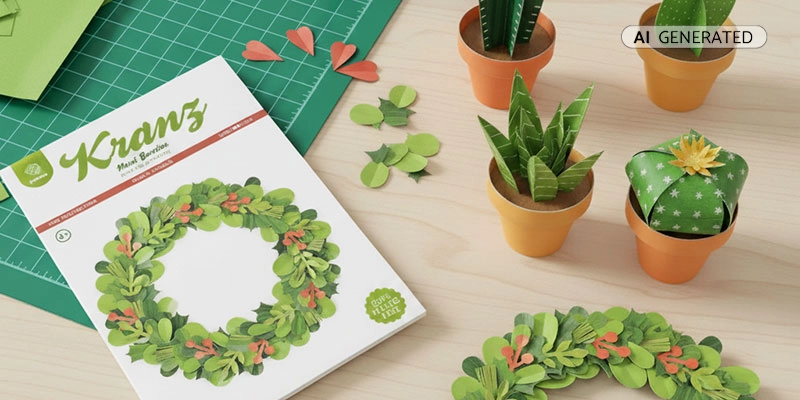 Bastelszene mit Papierpflanzen, grünem Kranz und Kartonmodell-Set auf Basteltisch | Der Römer Shop