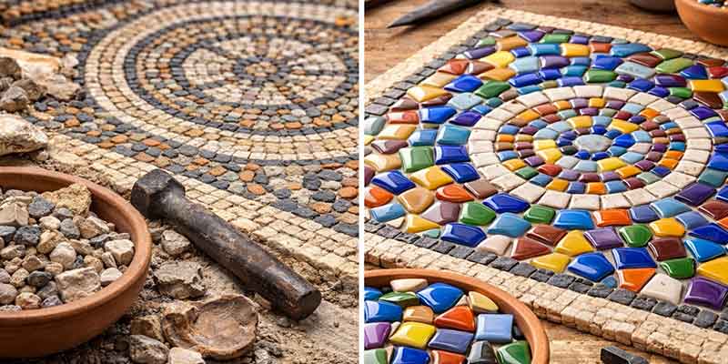 Antikes Mosaik neben modernem Kunstwerk aus glasierten Keramikbruchsteinen