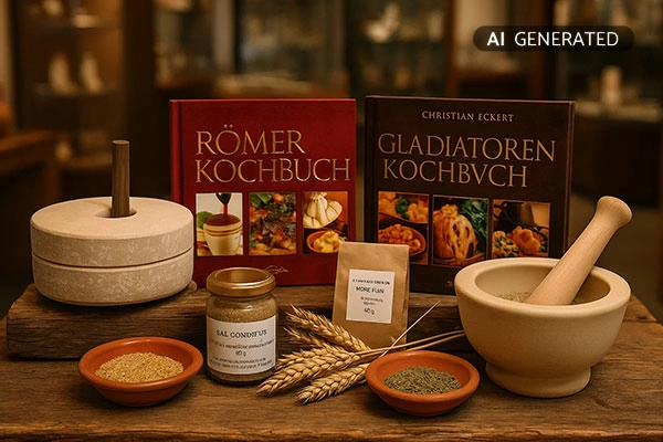 Römer- und Gladiatoren-Kochbuch mit Zutaten und Mühlstein auf Holztisch im Museum | Der Römer Shop