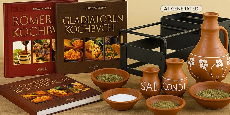 Römische Gewürze und Kochbücher mit Craticula und Tonkrügen auf Holztisch | Der Römer Shop