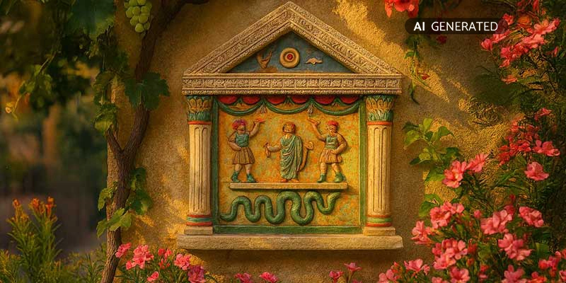 Lararium Relief in mediterranem Garten, umrahmt von Wein und Blüten | Der Römer Shop