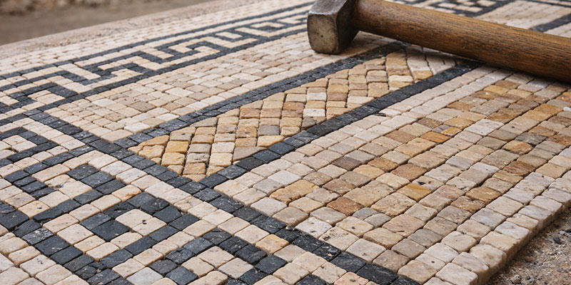 Bunte Marmor-Mosaiksteine auf Holzuntergrund für kreative Projekte | Der Römer Shop