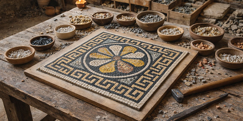 Römisches Mosaik aus Naturstein entsteht auf antikem Werktisch mit Werkzeugen | Der Römer Shop
