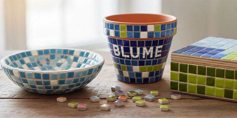 DIY-Mosaikobjekte aus Mini-Mosaiksteinen, Schale, Blumentopf und Holzbox im Wohnbereich | Der Römer Shop