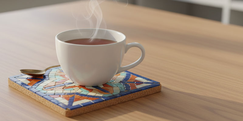 Teetasse setht auf einem Mosaikuntersetzer mit bunten Mini Mosaiksteinen | Der Römer Shop