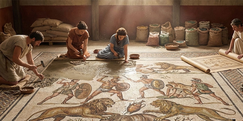 Römisches Bodenmosaik mit Gladiatoren Figurenmotiv, Tesserae aus Stein, Detailansicht antiker Mosaikkunst | Der Römer Shop