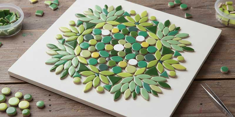Einfarbiges Mosaik aus grünen Kreis- und Rautensteinen, gestaltet als ruhige Flächenkomposition