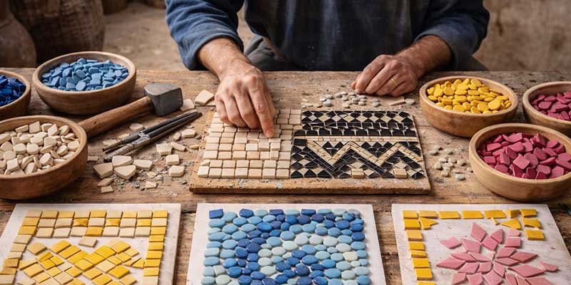 Handwerkliche Mosaikarbeit mit geometrischen Keramiksteinen auf Holz, Formen systematisch angeordnet