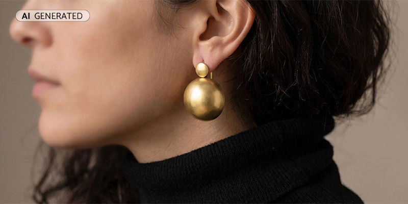 Goldener römischer Discus-Ohrring zum schwarzen Rollkragen modern getragen | Der Römer Shop
