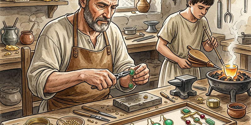 Römischer Goldschmied fertigt Inaures mit Lehrling in antiker Werkstatt | Der Römer Shop