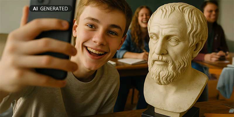 Schüler lacht beim Selfie mit Philosophenbüste – Antike trifft Schulalltag | Der Römer Shop
