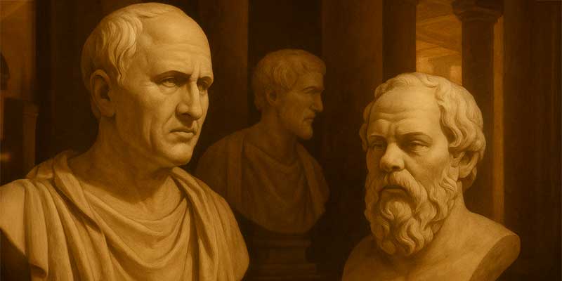 Illustration antiker Denker – Aristoteles, Sokrates und Cicero im Dialog im Römer Shop