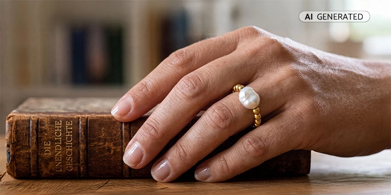 Hand mit Pompeji-Aventurin-Ring auf einem aufgeschlagenen Buch im Tageslicht | Der Römer Shop