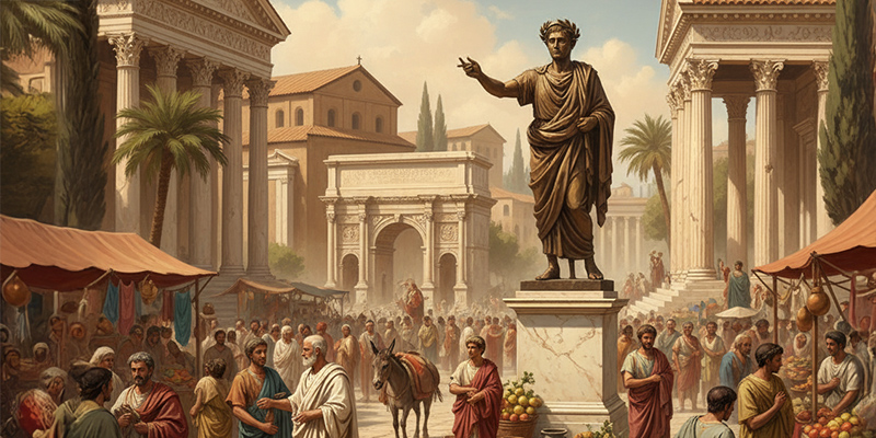Forum Romanum mit Statuen und Büsten römischer Kaiser in sanftem Sonnenlicht | Der Römer Shop