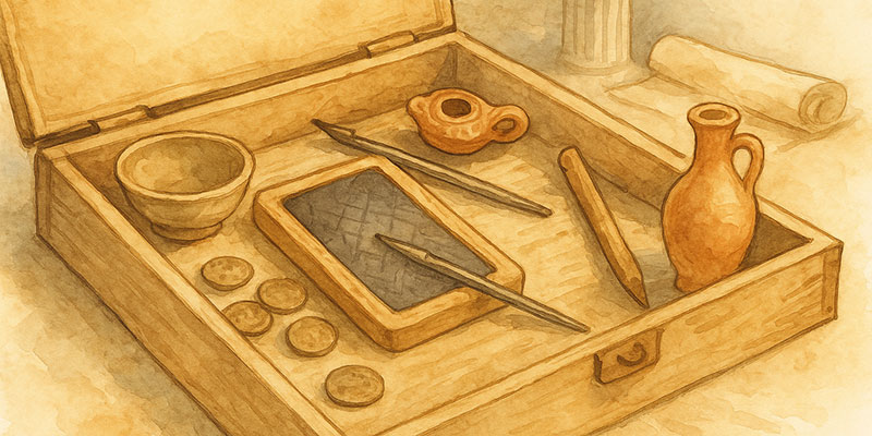 Holzkiste mit römischen Fundstücken, Münzen, Wachstafel und Amphore im Aquarellstil