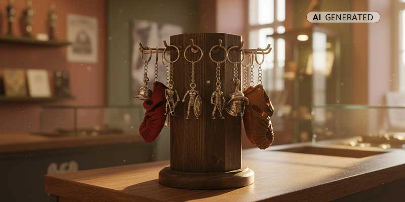 Historische Schlüsselanhänger an Holzdisplay im Museumsshop ausgestellt | Der Römer Shop