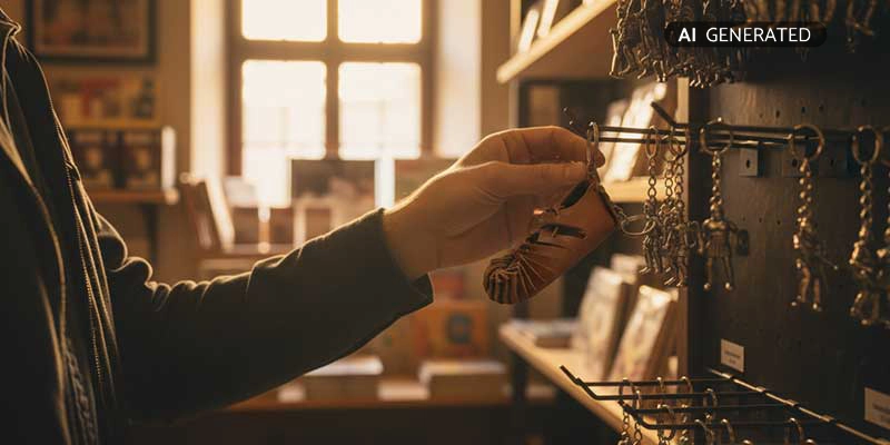 Kunde nimmt historischen Schlüsselanhänger in Lederoptik aus Regal im Museumsshop | Der Römer Shop