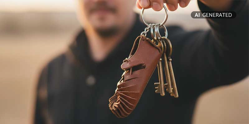 Mann hält Schlüsselbund mit historischem Leder-Schlüsselanhänger in der Hand | Der Römer Shop