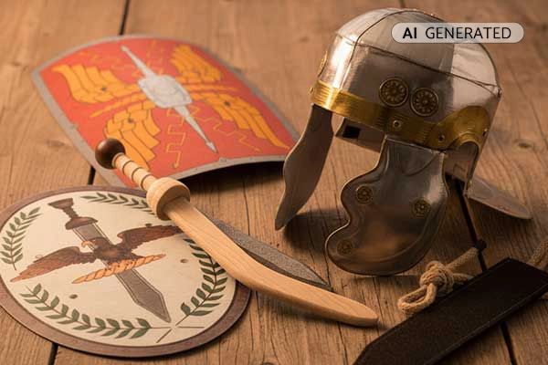 Holzschwert, Helm und Schilde liegen auf Basteltisch im warmen Sonnenlicht | Der Römer Shop