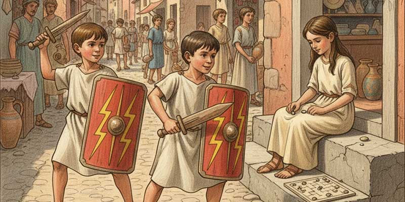 Niños jugando en una calle romana con espadas de madera y escudos de legionario | Der Römer Shop