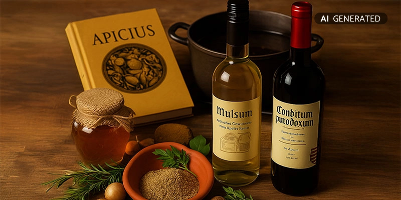  Zutaten für römischen Gewürzwein mit Apicius-Buch, Honig, Kräutern und Mulsum-Flasche | Der Römer Shop
