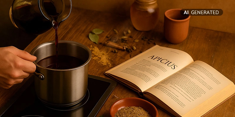 Hände gießen Wein in Topf neben Gewürzen, Apicius-Kochbuch offen auf Arbeitsfläche | Der Römer Shop
