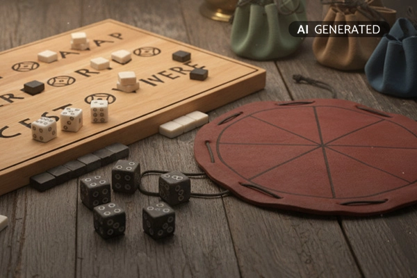 Römische Spiele aus Holz und Leder mit Würfelturm und Rundmühle auf Holztisch | Der Römer Shop