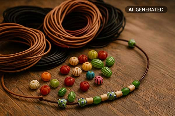 Lederschnüre und bunte römische Perlen auf Holztisch arrangiert | Der Römer Shop