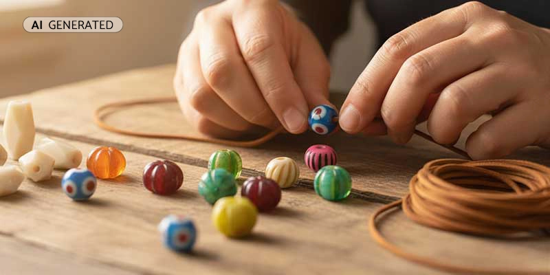 Hand fädelt bunte Glas- und Knochenperlen auf Lederschnur | Der Römer Shop