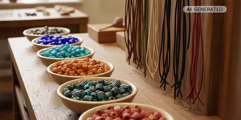 Museumsshop mit Schälchen voller Perlen und hängenden Lederschnüren | Der Römer Shop