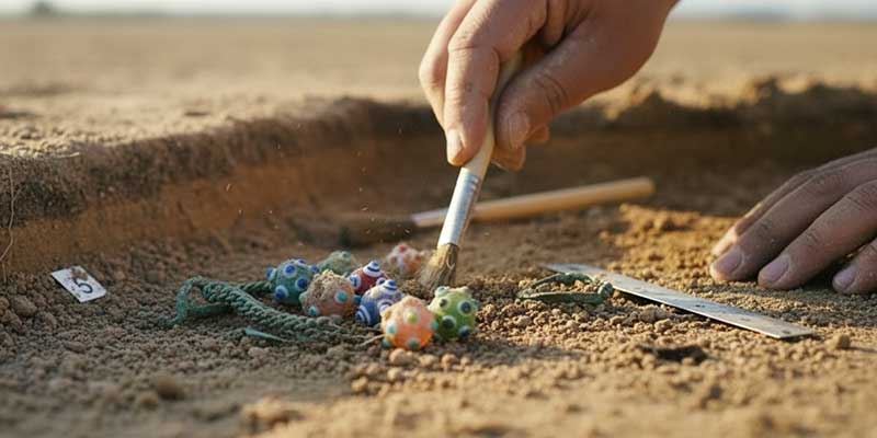 Archaeologist uncovers bead finds with a brush in the excavation field Roman jewelry accessories made of glass, bone and leather | Der Römer Shop