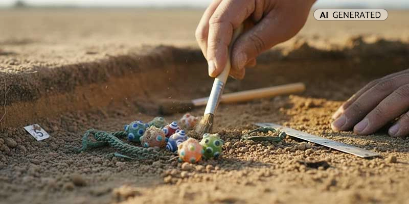 Archäologe legt Perlenfunde mit Pinsel im Grabungsfeld freiRömisches Schmuck-Zubehör aus Glas, Knochen und Leder | Der Römer Shop