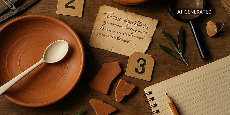 Terra-sigillata-Teller, Scherben, Nummernmarker, Notizzettel, Lupe | Der Römer Shop