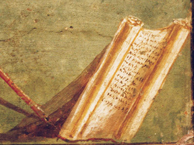 Wandfresko mit Schreibrolle Pompeji