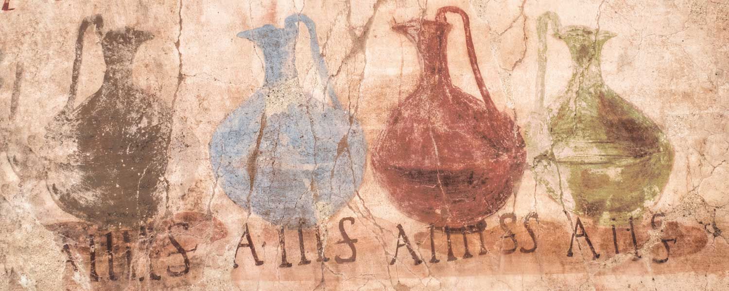Römischer Wein - Fresko eines Weinstandes mit Preisen aus...